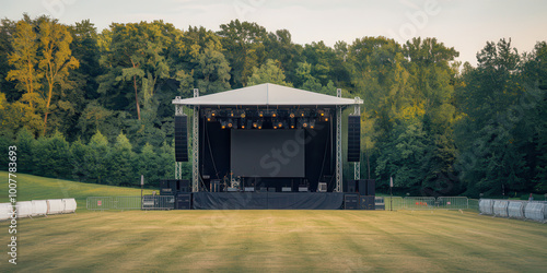 Outdoor concert stage set amidst a lush green forest, ready for an event.