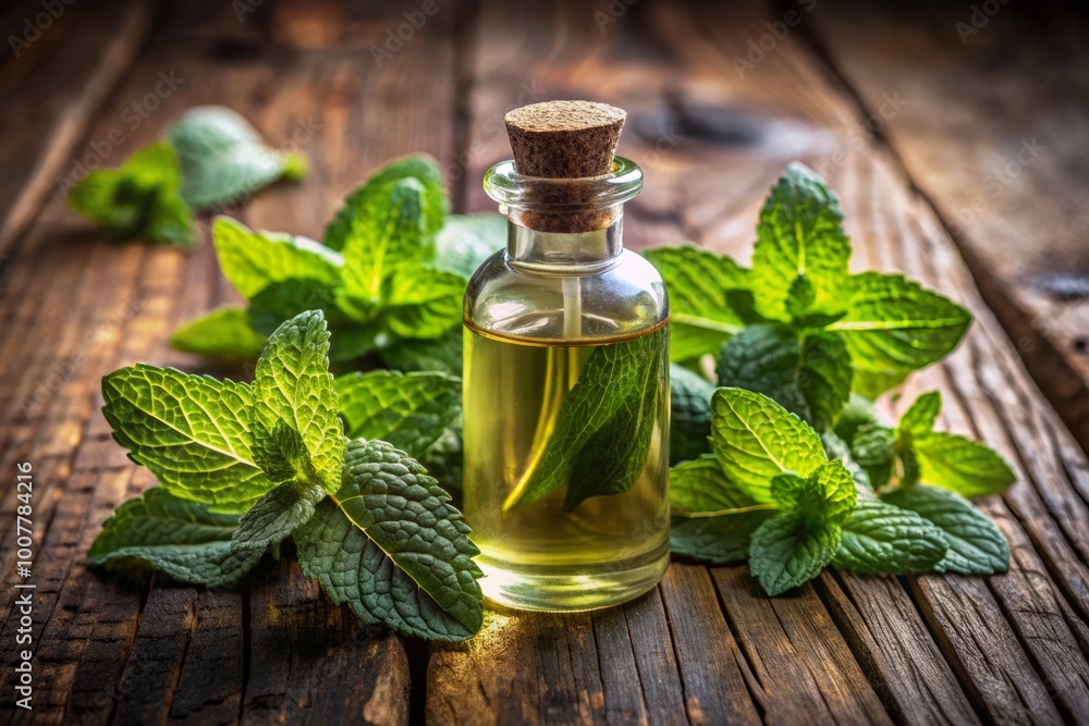 Amidst a weathered wooden setting, a bottle of fresh mint oil stands proudly, surrounded by green mint leaves Amidst a weathered wooden setting, a bottle of fresh mint oil stands proudly, surrounded by green mint leaves