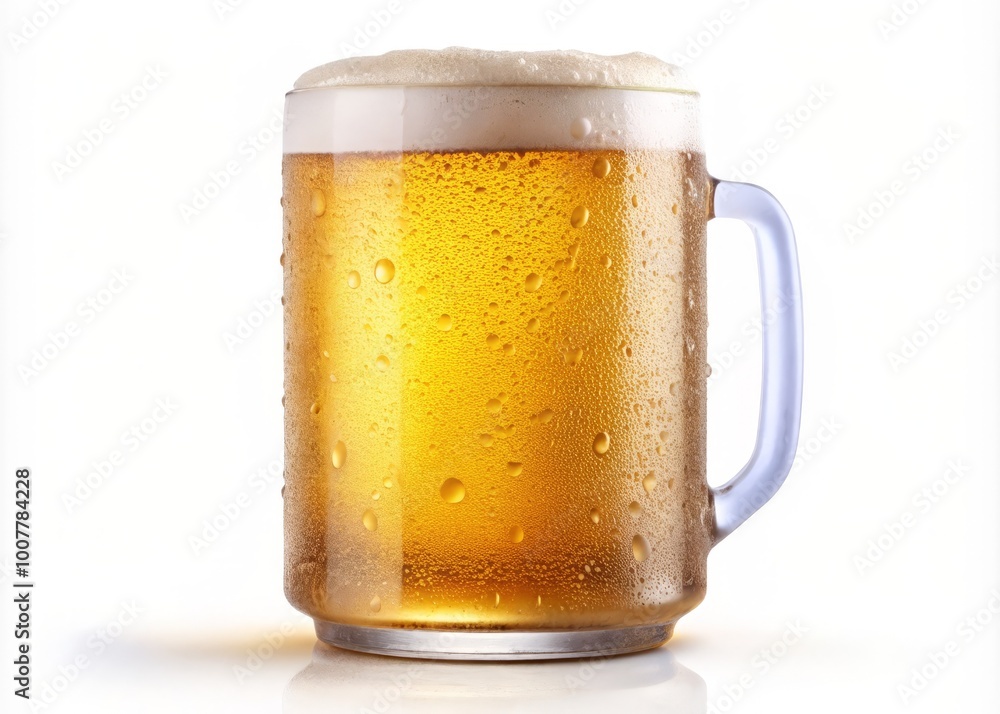 Frosted glass can of refreshing cold beer isolated on white background, condensation droplets glistening, emphasizing Frosted glass can of refreshing cold beer isolated on white background, condensation droplets glistening, emphasizing