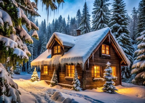 Frosted windows, snow-encrusted roof, and icicles hanging from the eaves of a rustic winter cabin, surrounded by photo