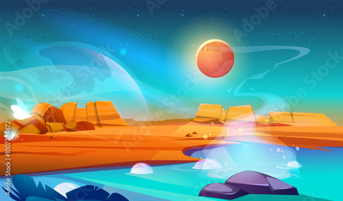Space fantasy landscape. Orange planet. Hot ground with steam of water. Fantasy and imagination. Cosmos, space and galaxy. Sci fi and outerworld. Flat vector illustration
