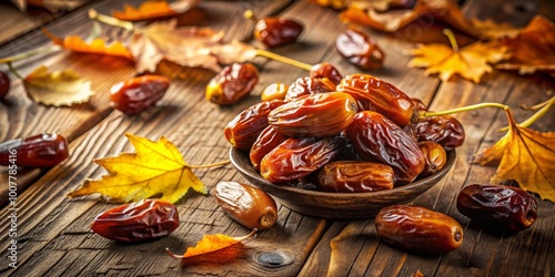 Golden brown dates scattered on a rustic wooden table, surrounded by scattered dry leaves and twigs, evoking a photo