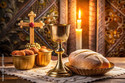 Golden chalice and plate with consecrated bread and wine sit on a decorative altar cloth, adorned with candles