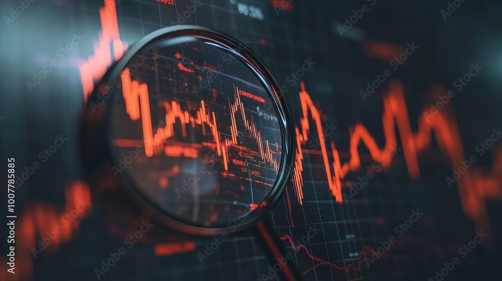 Fototapeta premium Magnifying Glass Over Falling Stock Market Chart