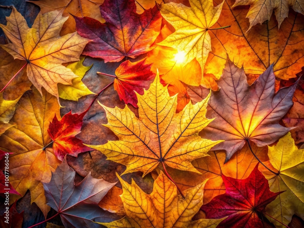 Fototapeta premium Golden light illuminates a scattered arrangement of colorful autumn leaves, showcasing their intricate veins and edges