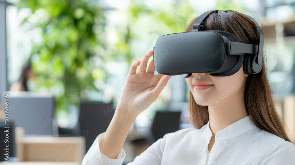 woman wearing VR headset in modern office environment, exploring virtual reality technology with focused expression woman wearing VR headset in modern office environment, exploring virtual reality technology with focused expression