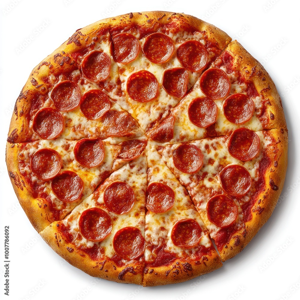 A classic pepperoni pizza, isolated on a clean white background, with melted cheese and crispy crust A classic pepperoni pizza, isolated on a clean white background, with melted cheese and crispy crust
