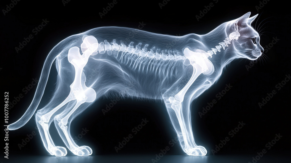 X ray image of cat showcasing its glowing skeleton, highlighting intricate bone structure and anatomy. This captivating view reveals cats skeletal system in detail X ray image of cat showcasing its glowing skeleton, highlighting intricate bone structure and anatomy. This captivating view reveals cats skeletal system in detail