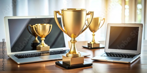 Golden trophy surrounded by sleek laptops, tablets, and smartphones, symbolizing success and achievement in the digital