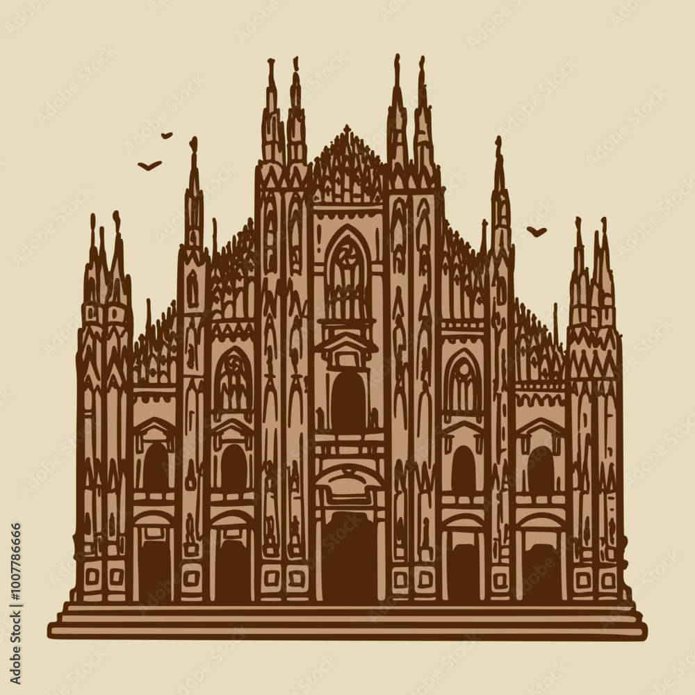 Fototapeta premium Line art drawing of the Milan cathedral, Italy, architecture tourism landmark, travel destination illustration