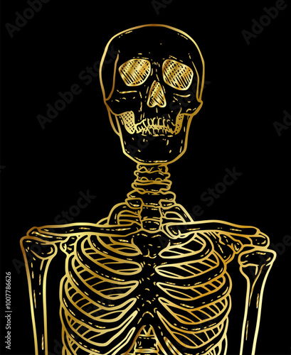 Golden human skeleton over black