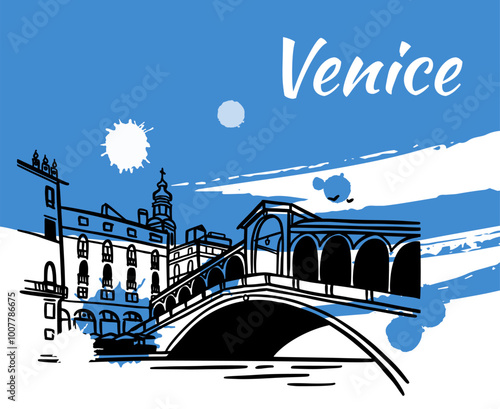 Line art drawing of Rialto Bridge in Venice, Italy, architecture tourism landmark, travel destination illustration