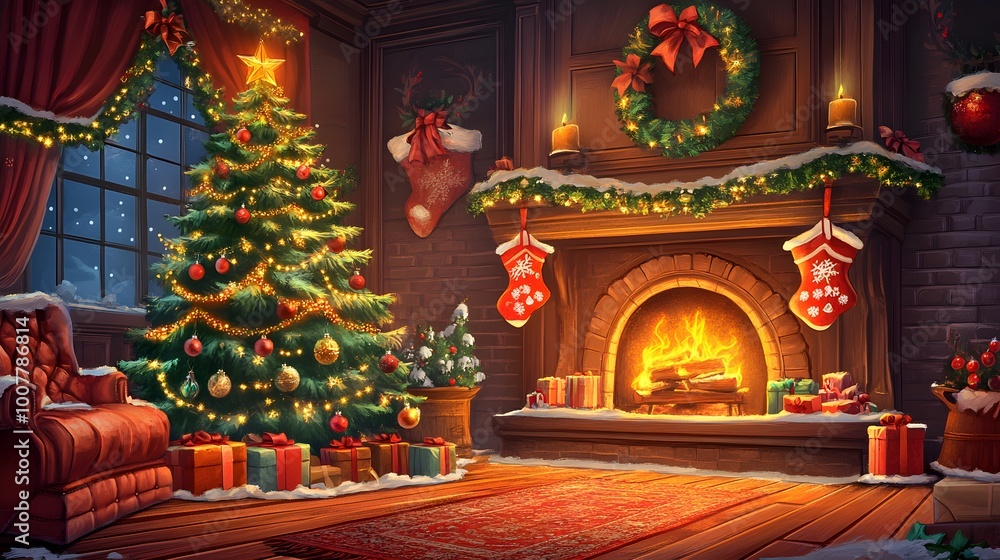 Fototapeta premium Christmas tree with fireplace and stockings for xmas promotion