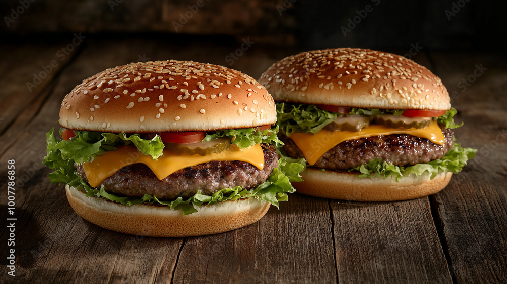Delicious cheeseburgers on a wooden table celebrating National Fast Food Day with fresh ingredients Delicious cheeseburgers on a wooden table celebrating National Fast Food Day with fresh ingredients