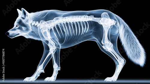 X ray image of wolf showcasing glowing skeleton, highlighting its anatomical structure and features. This striking visual emphasizes beauty of wildlife and intricacies of animal biology photo