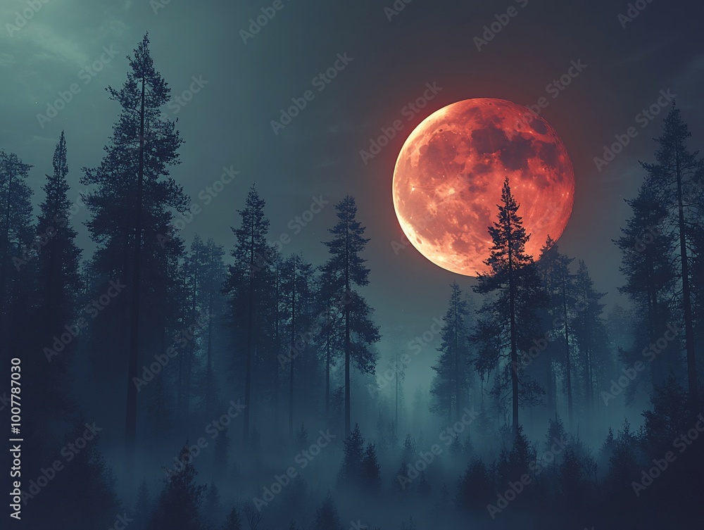 A large, red moon hangs over a dark, foggy forest. A large, red moon hangs over a dark, foggy forest.