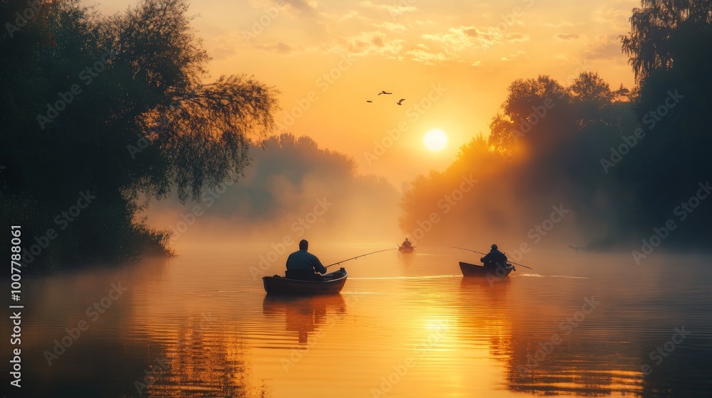Serene River Sunrise with Fishermen, a tranquil river at dawn, silhouettes of fishermen in boats casting lines, evoking peace and reflection in a natural setting. Serene River Sunrise with Fishermen, a tranquil river at dawn, silhouettes of fishermen in boats casting lines, evoking peace and reflection in a natural setting.
