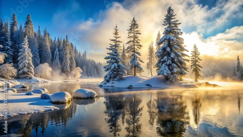Icy mist swirls around snow-covered evergreen trees on a frozen lake, with frosty air and icy rocks forming