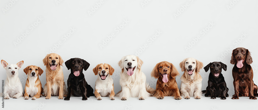 Group of diverse dogs sitting together, cheerful and friendly expressions, isolated. Group of diverse dogs sitting together, cheerful and friendly expressions, isolated.