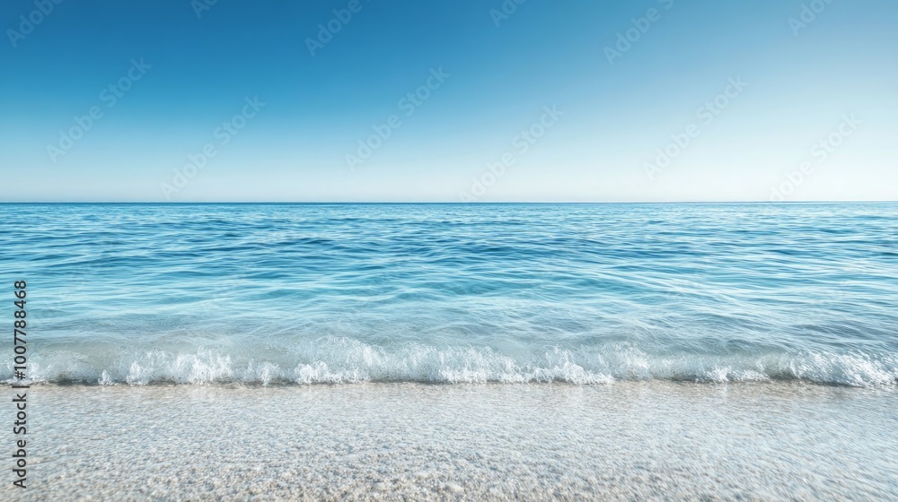 Serene Seascape with Gentle Waves, a tranquil scene of calm waters mirroring a clear blue sky, inviting feelings of peace and relaxation by the shore. Serene Seascape with Gentle Waves, a tranquil scene of calm waters mirroring a clear blue sky, inviting feelings of peace and relaxation by the shore.
