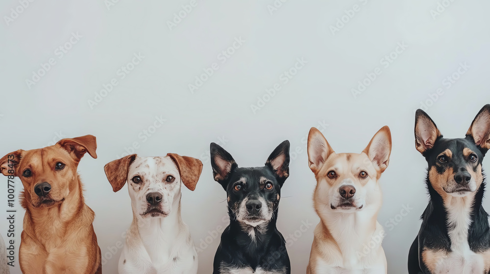 Group of diverse dogs posing together, white isolated background. Group of diverse dogs posing together, white isolated background.