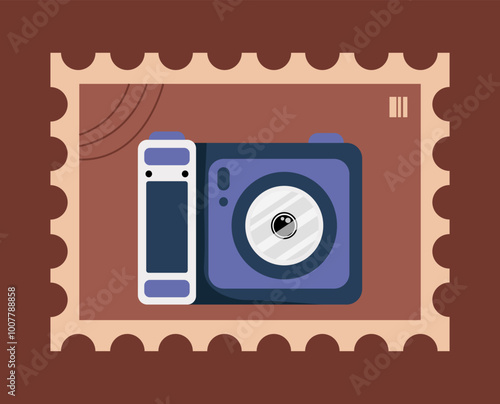 Stamp from country. Camera for tourists. Travel and tourism. Pack for philatelist. Holiday and vacation. Sticker for social networks. Flat vector illustration