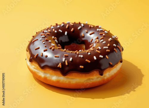 Chocolate Donut with Sprinkles on Yellow Background