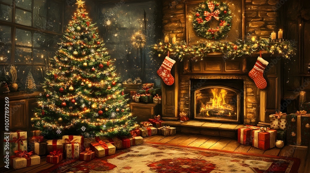 Fototapeta premium Christmas tree with fireplace and stockings for xmas promotion