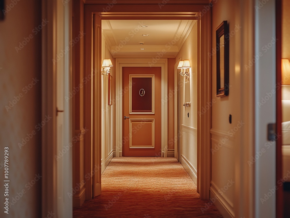 A long hallway in a hotel with carpeted floors, white walls and doors leading to rooms. A long hallway in a hotel with carpeted floors, white walls and doors leading to rooms.