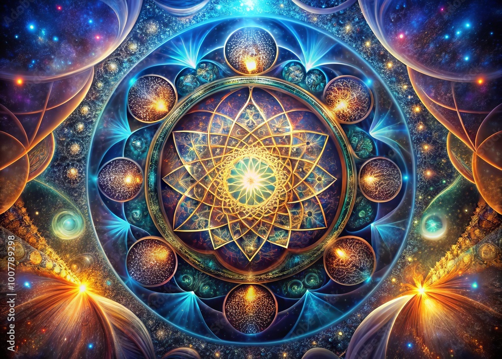 Intricate, swirling patterns of sacred geometry unfold in a mystical, ethereal landscape, blending ancient symbolism Intricate, swirling patterns of sacred geometry unfold in a mystical, ethereal landscape, blending ancient symbolism