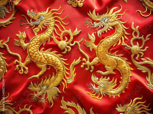 Intricately embroidered golden dragons dance across vibrant red silk fabric, adorned with delicate patterns and motifs,