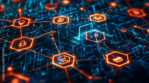 Close-up of cybersecurity measures in action, firewalls and encryption symbols protecting cyber communication