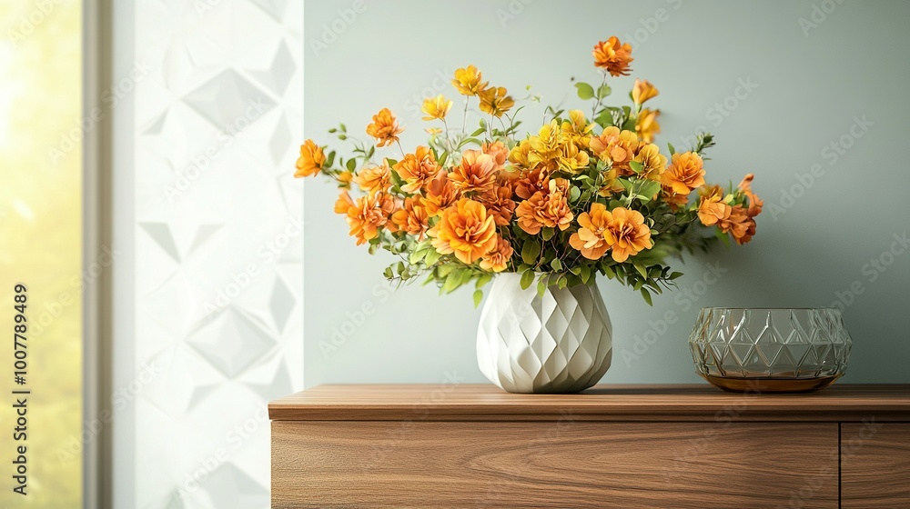 Fresh Blooms in Bright Orange and Yellow on a Wooden Sideboard: Geometric Decor and Retro Glass Dish Creating a Cheerful Modern Space - Mock Up Fresh Blooms in Bright Orange and Yellow on a Wooden Sideboard: Geometric Decor and Retro Glass Dish Creating a Cheerful Modern Space - Mock Up