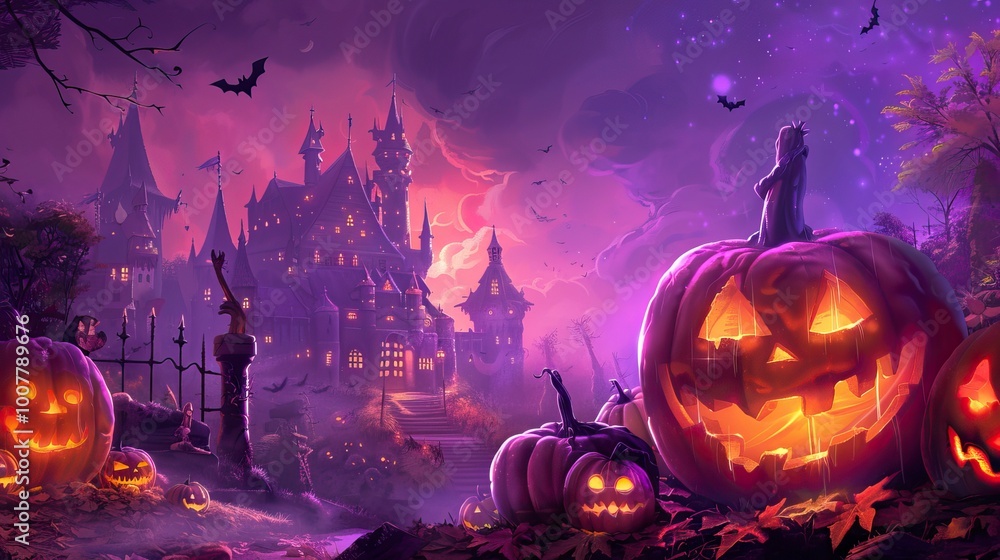 Fototapeta premium Purple background of pumpkins and castle, Halloween elements, Happy Halloween&nbsp; 