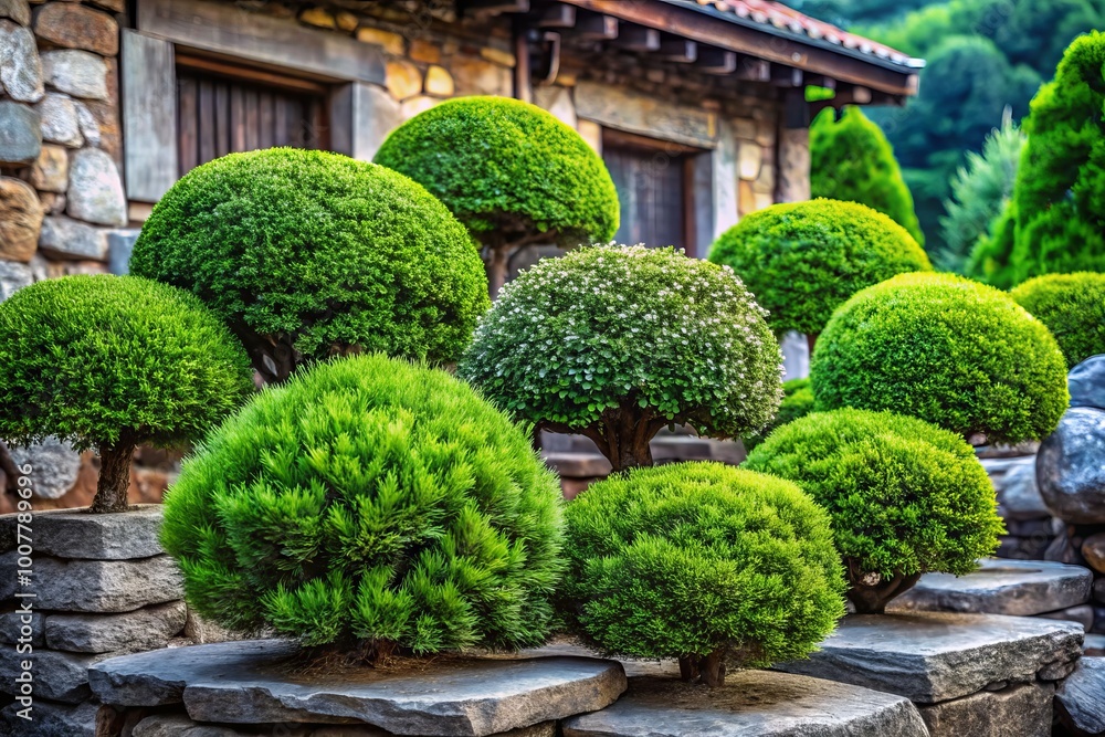 Lush, vibrant evergreen bushes with dense, compact foliage and delicate branches grow in a natural, serene environment Lush, vibrant evergreen bushes with dense, compact foliage and delicate branches grow in a natural, serene environment