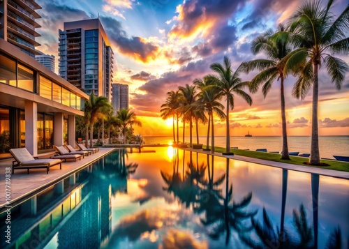 Luxurious beachside resort surrounded by palm trees and crystal-clear pool waters, with sleek modern architecture and
