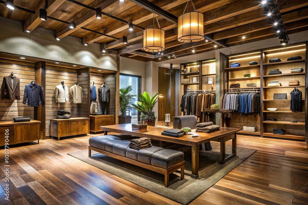 Luxurious retail space with rustic wood accents, dimmed lighting, and sleek clothing displays creates a high-end Luxurious retail space with rustic wood accents, dimmed lighting, and sleek clothing displays creates a high-end