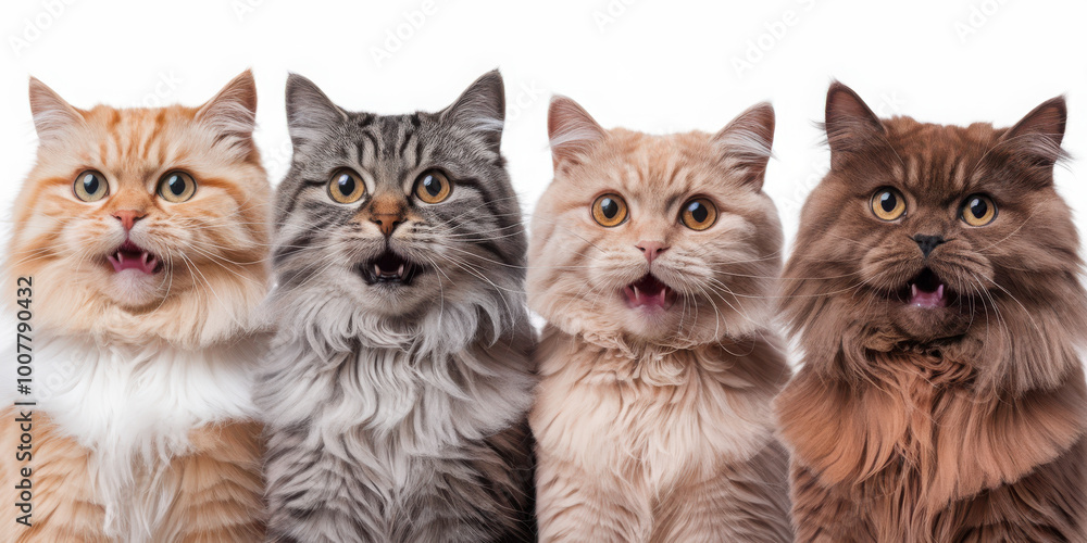 Four fluffy cats with surprised expressions against a white background. Four fluffy cats with surprised expressions against a white background.