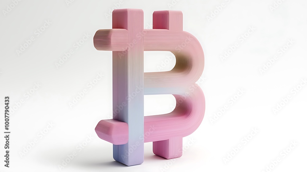 Obraz premium A 3D-rendered Bitcoin symbol glows in a pink and blue gradient, a digital marvel in soft hues.