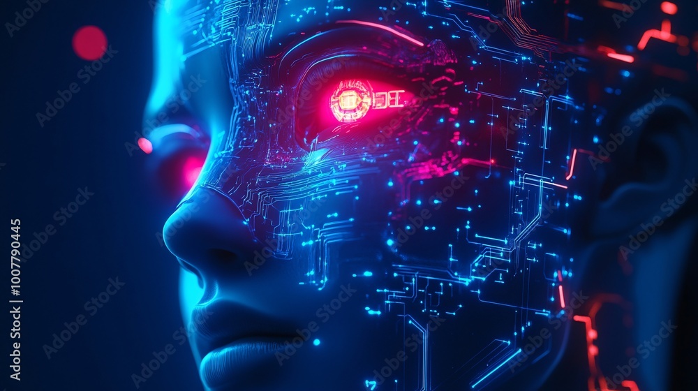 Cybernetic Cyborg Head with Neon Blue Circuitry in Cyberpunk Aesthetic | Futuristic Technology Concept with Copy Space Cybernetic Cyborg Head with Neon Blue Circuitry in Cyberpunk Aesthetic | Futuristic Technology Concept with Copy Space