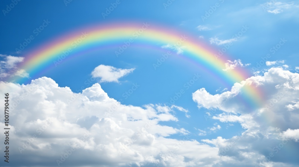 Vibrant Rainbow Over Clear Blue Sky, a serene landscape featuring a colorful rainbow arching gracefully against a backdrop of fluffy white clouds after a refreshing rain shower Vibrant Rainbow Over Clear Blue Sky, a serene landscape featuring a colorful rainbow arching gracefully against a backdrop of fluffy white clouds after a refreshing rain shower