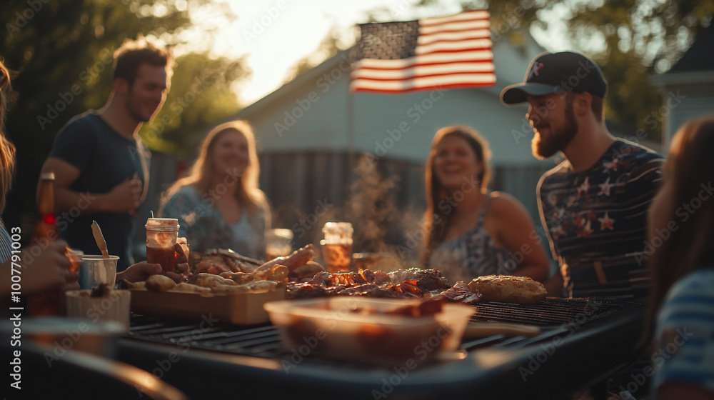 Celebrating National Fast Food Day with friends at a backyard barbecue in the summer sun Celebrating National Fast Food Day with friends at a backyard barbecue in the summer sun