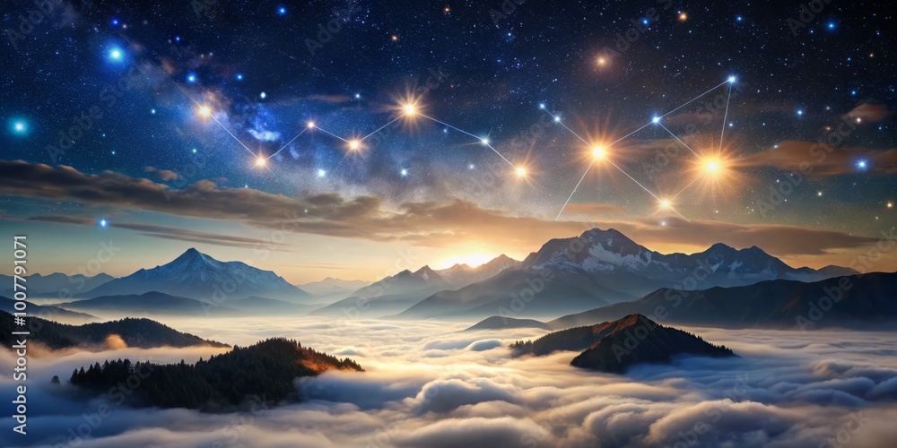 Fototapeta premium Majestic celestial bodies hover above misty mountains, as constellations Orion, Leo, and Ursa Major shine brightly,