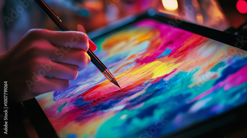 Digital artist creating a vibrant piece on a tablet, using a stylus to blend colors and textures in real-time photo