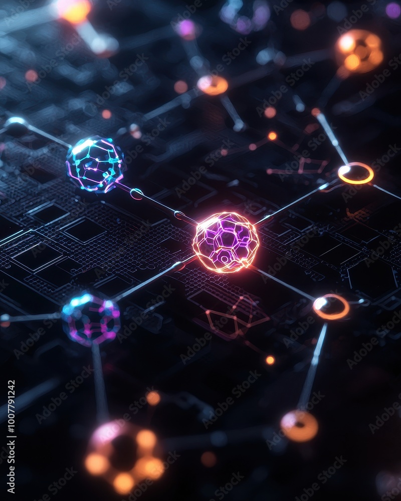 Obraz premium A vibrant digital network showcasing interconnected, glowing particles against a dark background, symbolizing technology and innovation.