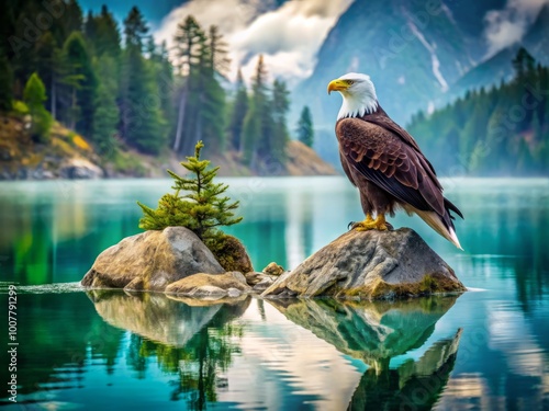 Majestic eagle perched on a rocky outcropping, gazing serenely at its mirror-like reflection in the calm, turquoise photo