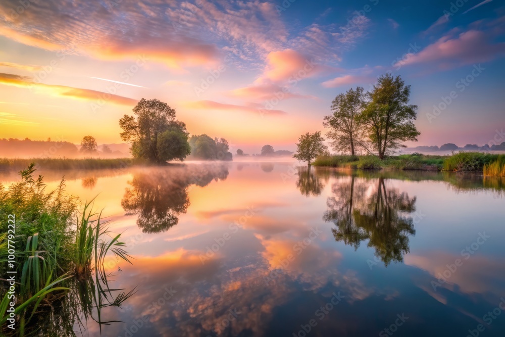 At dawn, a tranquil lake shrouded in mist reflects softly beneath a serene atmosphere, as the soft light At dawn, a tranquil lake shrouded in mist reflects softly beneath a serene atmosphere, as the soft light