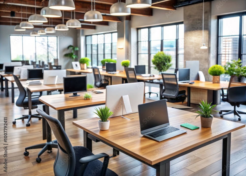 Masks and social distancing signs adorn a modern office space with empty desks and chairs, conveying a sense Masks and social distancing signs adorn a modern office space with empty desks and chairs, conveying a sense