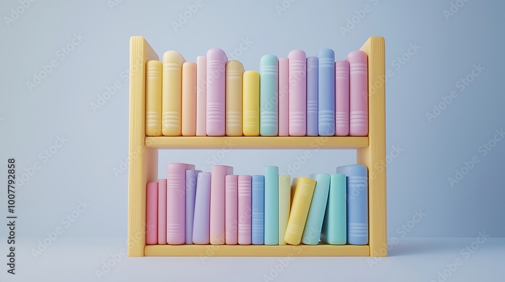 Soft pastel books sit neatly on a wooden shelf, the epitome of minimalist home decor. Soft pastel books sit neatly on a wooden shelf, the epitome of minimalist home decor.