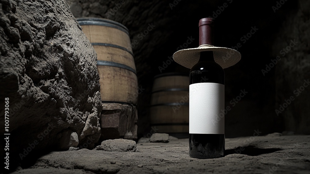 Wine Bottle with Classic Hat in a Rustic Wine Cellar Wine Bottle with Classic Hat in a Rustic Wine Cellar